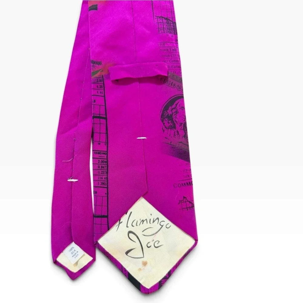 Flamingo Joe Mens Silk Tie Magenta Pink Currency Money Stock Market Finance USA